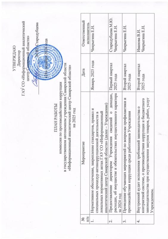 План работы комиссии по противодействию коррупции в государственном автономном учреждении Самарской области "Информационный аналитический центр Самарской области" на 2025 год План работы комиссии по противодействию коррупции в государственном автономном учреждении Самарской области "Информационный аналитический центр Самарской области" на 2025 год